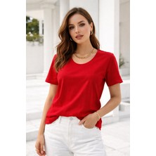 Rich Kadın Kırmızı Bisiklet Yaka Kısa Kollu Tişört