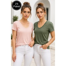 Rich Kadın Haki-Yavru Ağzı 2'li Paket Yarım Kollu Bisiklet Yaka Tişört