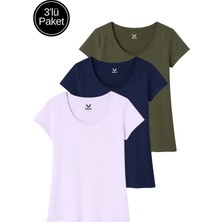 Rich Kadın Haki - Lacivert - Lila 3'lü Paket %100 Pamuk Kısa Kollu Tişört