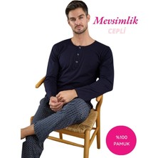 Seamlife Erkek Lacivert Ekose Desenli Düğmesiz 3 Düğmeli Bisiklet Yaka %100 Pamuk Mevsimlik Uzun Kollu Cepli Pijama Takımı