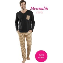 Seamlife Siyah Erkek Desenli Düğmesiz V Yaka %100 Pamuk Mevsimlik Uzun Kollu Cepli Pijama Takımı