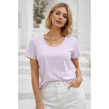 Rich Kadın Açık Lila Bisiklet Yaka Kısa Kollu Tişört