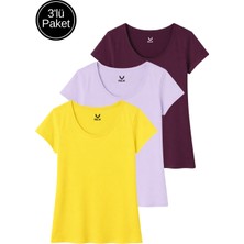 Rich Kadın Sarı - Lila - Vişne Çürüğü 3'lü Paket %100 Pamuk Kısa Kollu Tişört