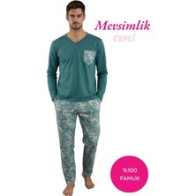 Seamlife Erkek Yeşil Desenli Düğmesiz V Yaka %100 Pamuk Mevsimlik Uzun Kollu Cepli Pijama Takımı