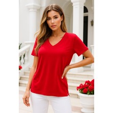 Rich Kadın Kırmızı Viskon V Yaka Basic Kısa Kollu Tişört