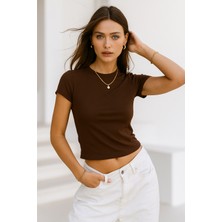 Rich Kadın Kahverengi Esnek Kumaşlı Vücuda Oturan Slim Fit Kısa Kollu Crop T-Shirt