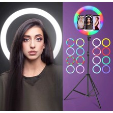Moxti 14 Inç Halka Rgb Bluetooth Kumandalı Youtuber Tiktok LED Işıklı Tripod Selfie Işığı Ring Light 14 Inç Halka