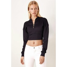 Armonika Kadın Siyah Yakası Fermuarlı Crop Sweatshirt ARM-26K042009