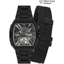 Wainer Otomatik Erkek Kol Saati 43 mm Safir Cam Siyah Metal ve Silikon Kordon Hediyeli 3 Atm