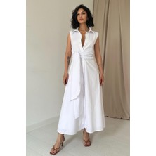 Etiler Collection Beyaz Gömlek Yaka Bağlamalı Elbise