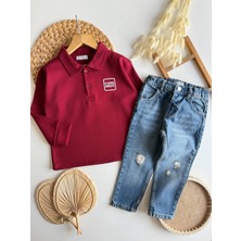 Caps & Boy Erkek Çocuk Bordo Polo Yaka Sweatshirt ve Mavi Kot Pantolon 2’li Takım