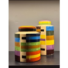 NuN Studio Renkli Modern Desenli Seramik Küp Kavanoz – Dekoratif Kapaklı Saklama Kabı