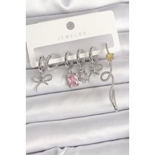 Maral Group Pirinç Gümüş Renk Sallantı Kurdele Kuyruklu Yıldız Figür Pembe Kare Zirkon Taş Detay Kadın Küpe Set