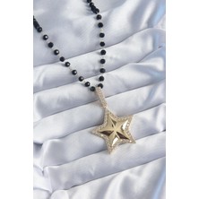 Pazarcan Gold Renk Siyah Boncuk Zirkon Taşlı Yıldız Model Vi̇p Seri Kadın Kolye