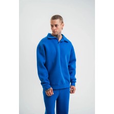 Erkek Patlı Yaka Üç Iplik Pamuklu Sweatshirt Double Oversize Rahat Kalıp Günlük Kullanım - Mavi