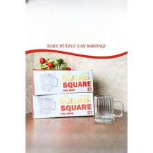 Gülümseten Avm 6 Lı Kare Kulplu Cam Çay Bardağı | Origami Çizgili Cam Kulplu Bardak - Beyaz- Tek Ebat