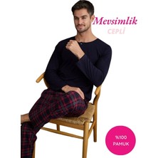 Seamlife Erkek Lacivert-Kırmızı Ekose Desen %100 Pamuk Mevsimlik Uzun Kol Cepli Pijama Takımı