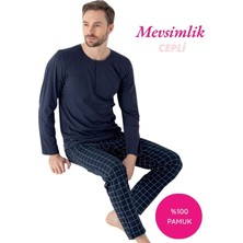 Seamlife Erkek Lacivert Ekose Desen %100 Pamuk Mevsimlik Uzun Kol Cepli Pijama Takımı