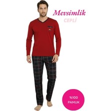 Alimer Erkek Bordo Ekose Desen V Yaka Düğmesiz %100 Pamuklu Mevsimlik Uzun Kol Cepli Pijama Takımı