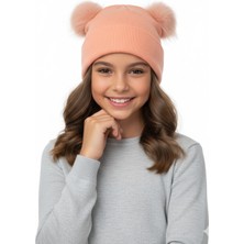 Ottoland Kız Çocuk Kışlık Bere Çift Ponponlu Pamuklu Şirin Örgü Model Katlamalı Yumuşacık Rahat