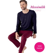 Seamlife Erkek Kırmızı-Lacivert Ekose Desen %100 Pamuk Mevsimlik Uzun Kol Cepli Pijama Takımı
