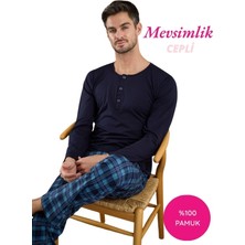 Seamlife Erkek Lacivert-Mavi Ekose Desen %100 Pamuk Mevsimlik Uzun Kol Cepli Pijama Takımı