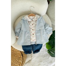 Miniğimin Cicileri Lale Desenli Gömlekli Kapüşonlu Ceketli Kız Bebek 3 Lü Takım - Bebe Mavi