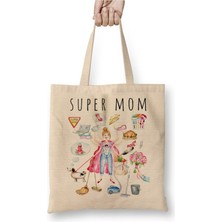 Toyaso Supermom Süperanne Anneler Günü 02 Beyaz Bez Çanta Uzun Saplı Alışveriş Çantası Plaj Çantası
