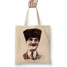 Toyaso Mustafa Kemal Atatürk Beyaz Bez Çanta Uzun Saplı Alışveriş Çantası Plaj Çantası
