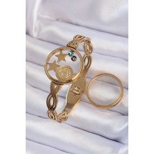 Pazarcan 316L Çelik Altın Renk Içi Nazar Boncuk ve Yıldız Figürlü Açılabilir Fanus Kelepçe