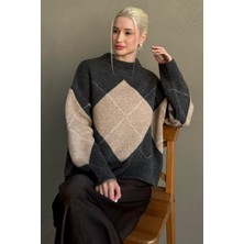 Madmext Antrasit Baklava Desenli Bisiklet Yaka Triko Kadın Kazak MG2644