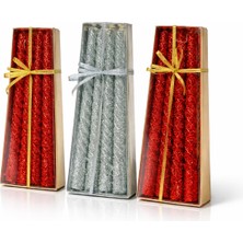 Seçilir 12 Adet (8 Kırmızı & 4 Gümüş Renk) Simli Burgulu Şık Parti Mumu Seti 20 cm Uzunluk, 1.5 cm Kalınlık