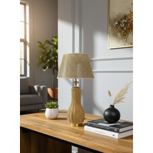 Decodelight Metal Gold Ayak Hasır Rattan Örmeli Yüksek Gövde Hazeran ve Kumaş Şapkalı Bohem Abajur Masa Lambası