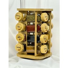 Aden Glass 16' Lı Cam Baharatlık Seti Akasya Stantlı 360 Derece Döner Kapaklı Baharat Takımı