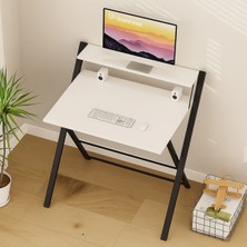 Ayz Bodo Metal Ayaklı Laptop Masası Katlanır Çalışma Masası Raflı Masa Katlanır Laptop Sehpası Siyah - Beyaz
