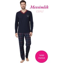 Bie's Lacivert Erkek Ekose Desen V Yaka Düğmesiz %100 Pamuk Mevsimlik Uzun Kol Cepli Pijama Takımı