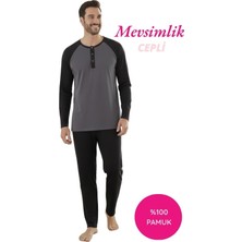 Bie's Erkek Füme-Siyah 3 Düğmeli %100 Pamuk Mevsimlik Uzun Kol Cepli Pijama Takımı