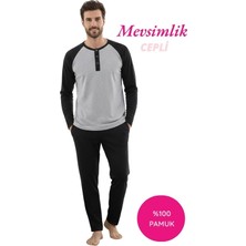 Bie's Erkek Gri-Siyah 3 Düğmeli %100 Pamuk Mevsimlik Uzun Kol Cepli Pijama Takımı