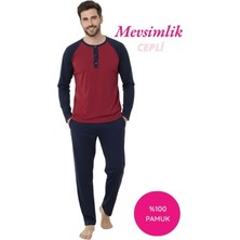 Bie's Erkek Kırmızı-Siyah 3 Düğmeli %100 Pamuk Mevsimlik Uzun Kol Cepli Pijama Takımı