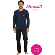Bie's İndigo Erkek Ekose Desen V Yaka Düğmesiz %100 Pamuk Mevsimlik Uzun Kol Cepli Pijama Takımı