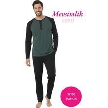 Bie's Erkek Yeşil-Siyah 3 Düğmeli %100 Pamuk Mevsimlik Uzun Kol Cepli Pijama Takımı