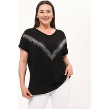 V Yaka Taş Işlemeli Anne Bluz Viskon Kumaş Büyük Beden