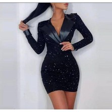 Mareandpanda Kadın Deri Detaylı Manşet Yaka Simli Fukara Kumaş Mini Elbise