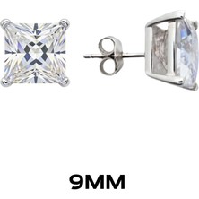 Oya Silver Kare Tırnaklı Zirkon Tektaş Rodyumlu Vidalı Unisex Gümüş Küpe 9mm [OYSY140]