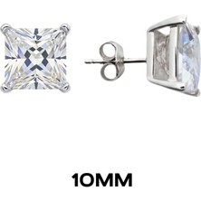 Oya Silver Kare Tırnaklı Zirkon Tektaş Rodyumlu Vidalı Unisex Gümüş Küpe 10MM[OYSY140]