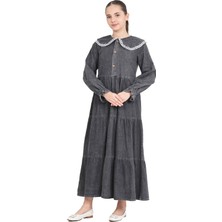 Modanino Kız Çocuk Geniş Yakalı ve Yaka Uçları Dantel Detaylı Uzun Jean Elbise 12468