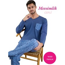 Seamlife Erkek Mavi Balık Desenli Düğmesiz V Yaka %100 Pamuk Mevsimlik Uzun Kollu Cepli Pijama Takımı