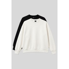 Basic Oversıze O Yaka 2li Paket Siyah-Ekru Kadın Sweatshirt - 97053