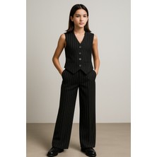 Mini Kanka Kız Çocuk Çizgili Yelek Pantolon Takım | Şık Kumaş 2’li Çocuk Takımı