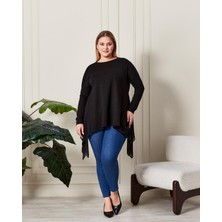 Zer Otantik Asimetrik Büyük Beden Tül Detaylı Tunik Siyah